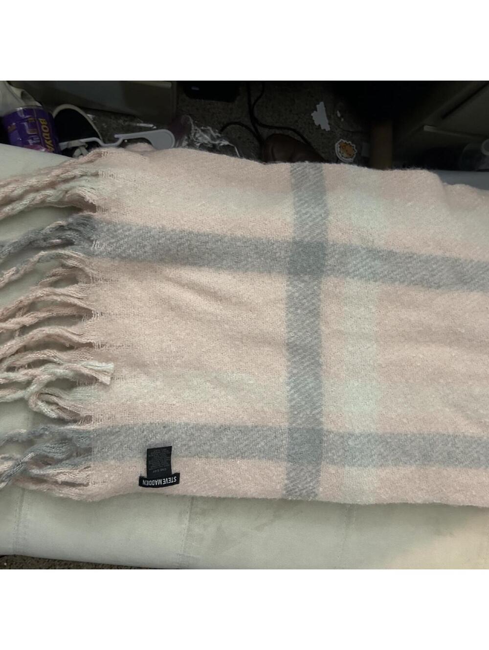 Steve Madden pink and light gray plaid polyester scarf
